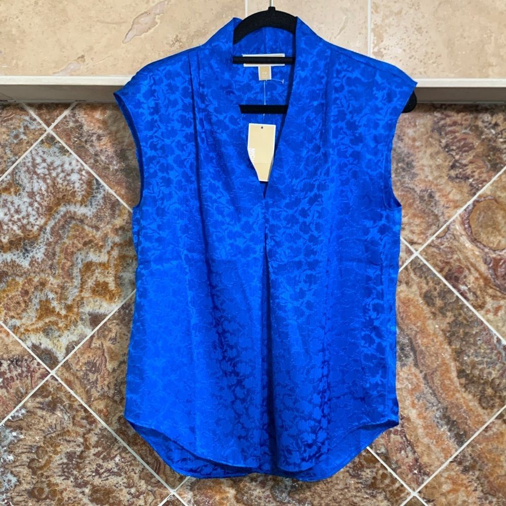 Michael Kors NWT Grecian Blue Floral Jacquard Sleeveless Blouse Size Petite M
